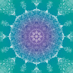 Teal/turquoise, blue and purple background with intricate 8-sided white mandala design